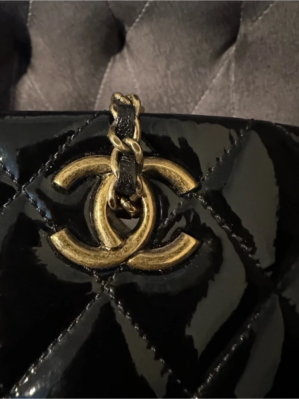CHANEL Salzburg Quilted Patent Leather Shoulder Bag with Gold Chain Hardware